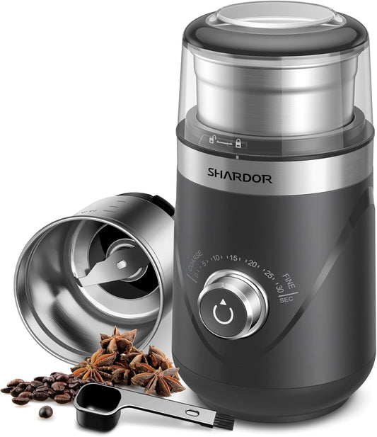 SHARDOR Electric Super Silent Blade Coffee Grinder, Timed Grind Control Rotary Knob, Adjustable Coarse to Fine for Coffee Beans, Spices & Herbs, with 1 Removable Stainless Steel Bowl,Light Gray