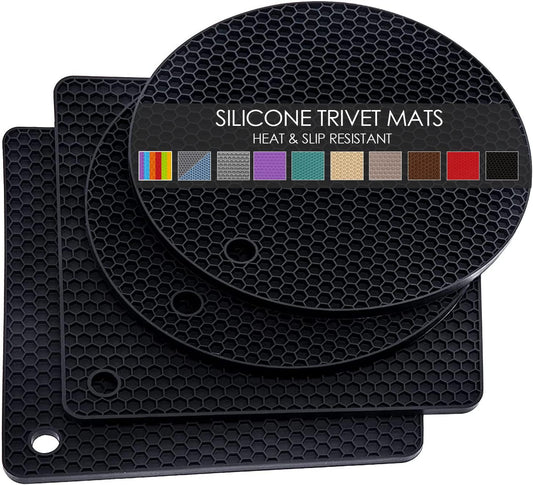 4 Pack Silicone Trivets for Hot Pots and Pans, Black Hot Pads Pot Holders, Non-Slip & Heat Resistant Silicone Mats for Kitchen Counter, Soft Durable Drying Mat, Jar Opener and Coasters, Black