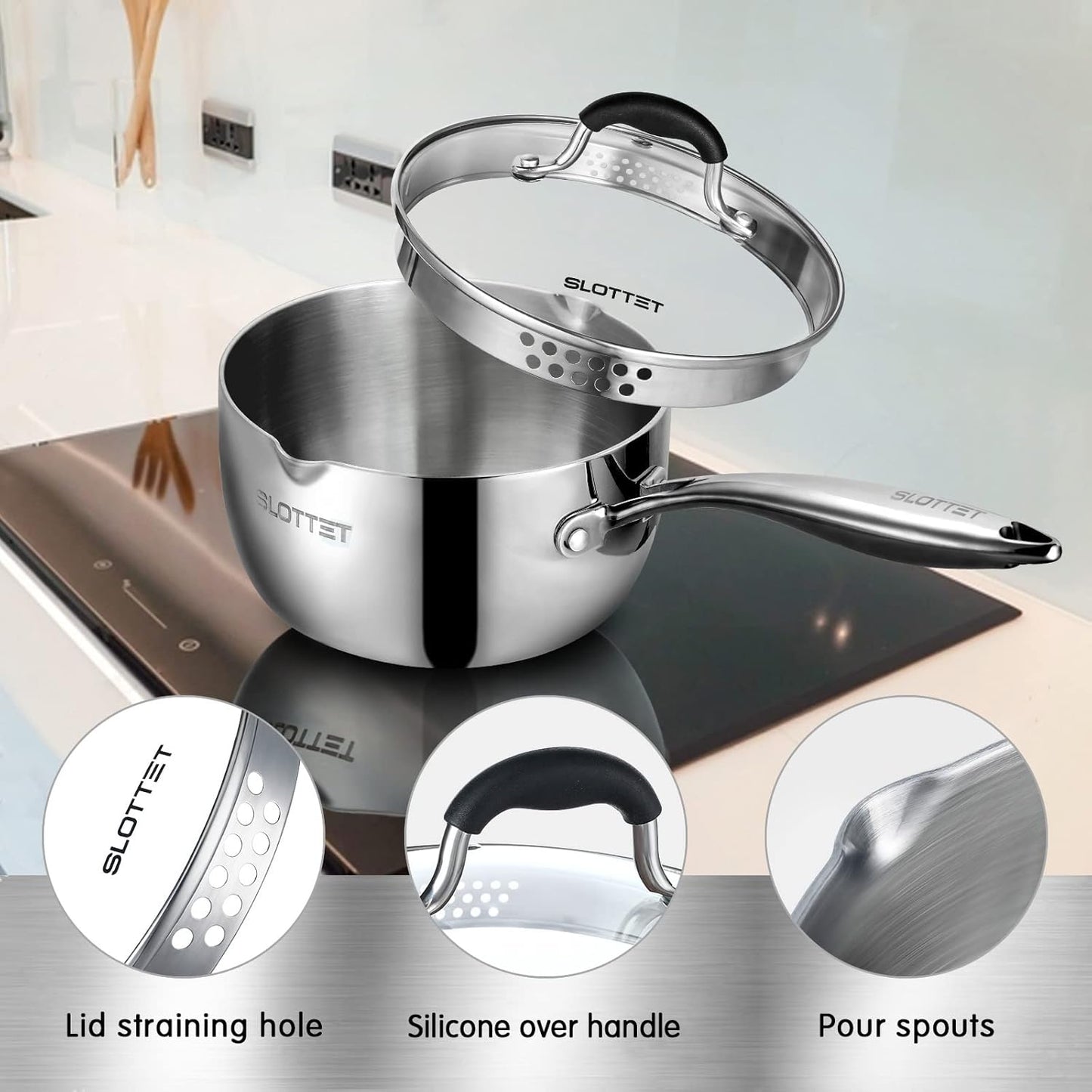 Tri-Ply Whole-Clad Stainless Steel Sauce Pan with Pour Spout,2.5 Quart Small Multipurpose Pasta Pot with Strainer Glass Lid, Saucepan for Cooking with Stay-cool Handle.