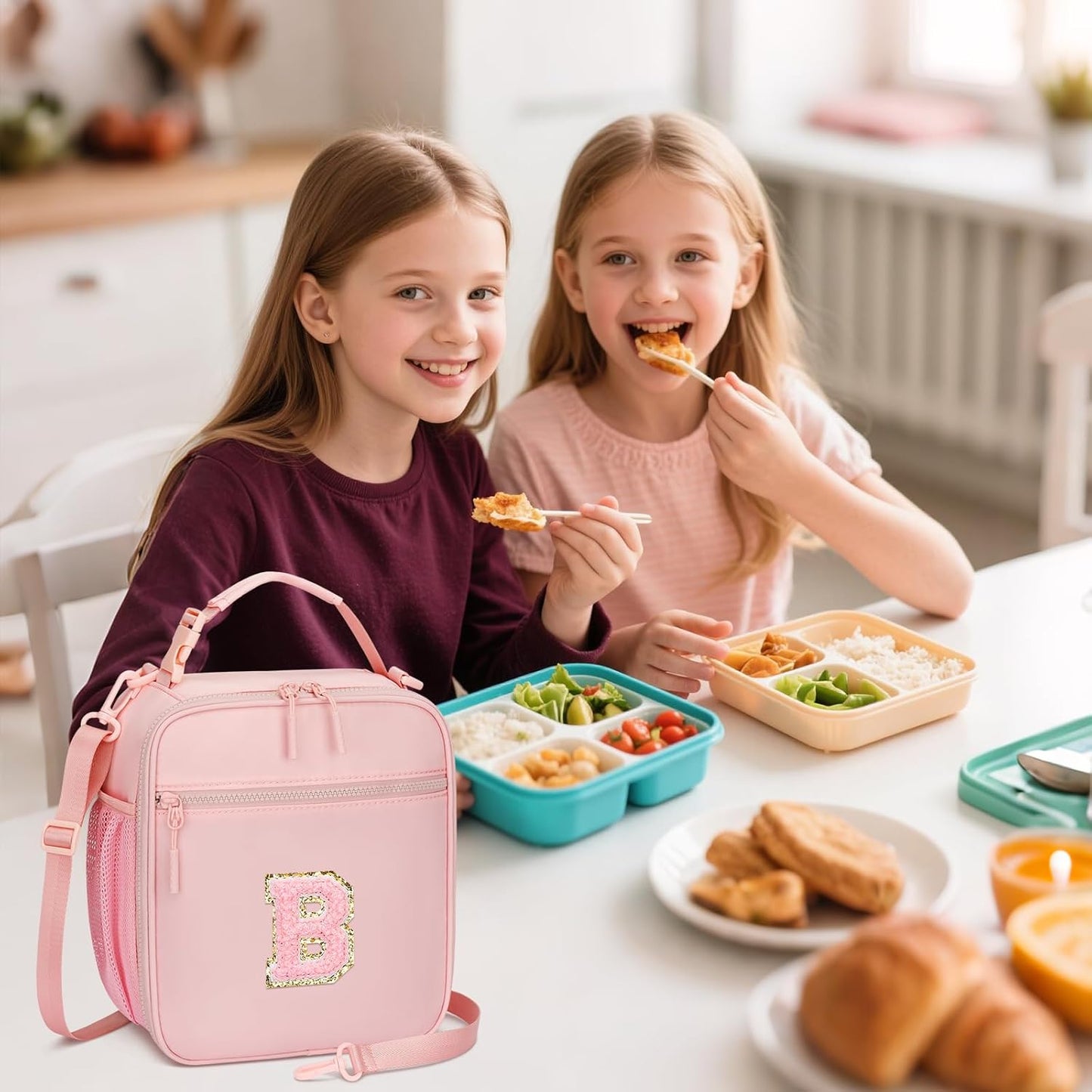 Initial Insulated Lunch Bag for Girls Kids, Back to School Gift, Reusable Leak-proof Lunch Box with Adjustable Strap for School Daycare Travel Picnic (Pink,B)