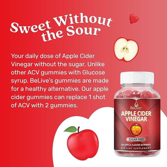 BeLive Apple Cider Vinegar Sugar Free Gummies – Great for Digestion & Healthy Diet - Gluten Free, No Glucose Syrup, ACV Gummies Alternative to Capsules & Drink (120 Ct) – 2 Pack