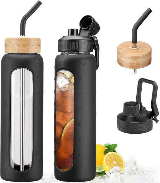 32oz Glass Water Bottle with Straw and 2 Lids- Bamboo Straw and Spout Lid with Phone Holder for Gym, Glass Drinking Bottles with Silicone Sleeve and Motivational Time Marker, Black