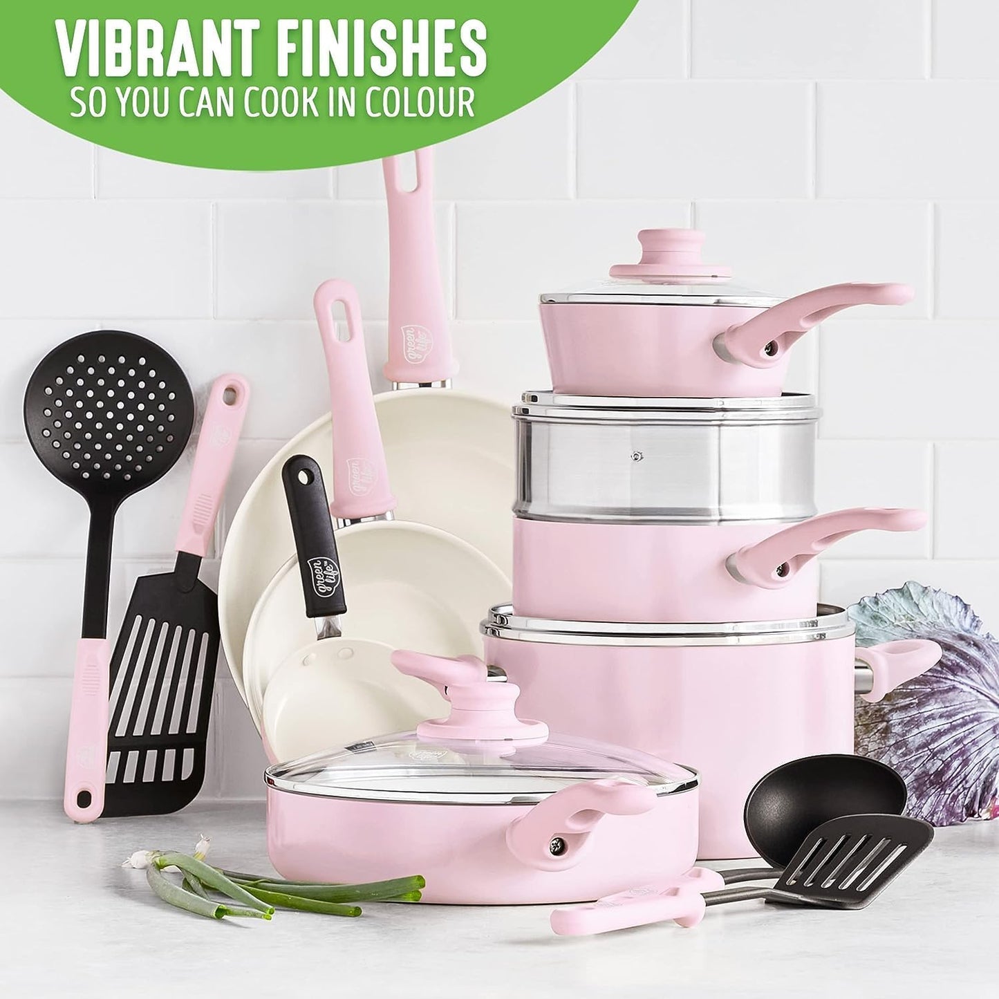 GreenLife 16 Piece Nonstick Cookware Set, Soft Grip Non-Toxic PFAS-Free Ceramic Pots & Pans, Dishwasher & Oven Safe, Frying, Sauce, Saute, Utensils, Glass Lids, Stay-Cool Handles, Wobble Free, Pink