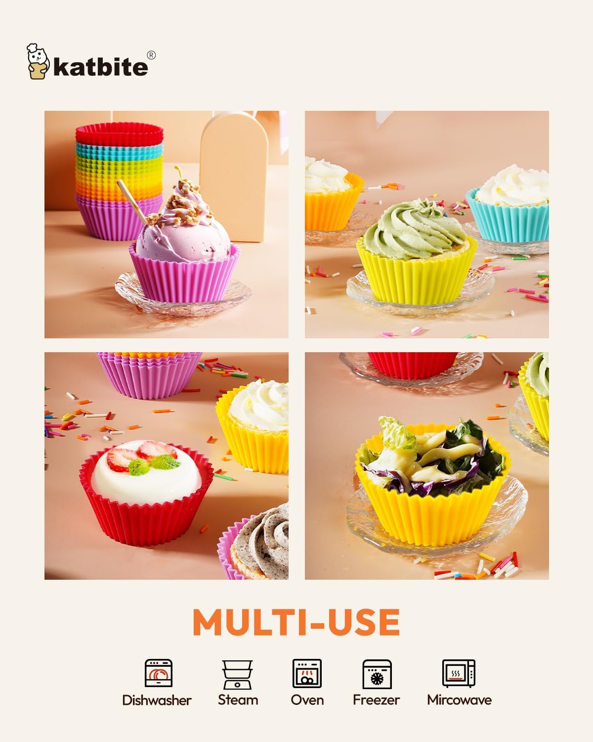 Katbite Silicone Cupcake Liners 24 Pack - Non-stick Silicone Muffin Liners Set, Thick & Heavy Duty Cupcake Molds - Perfect for Party Halloween Christmas Bakery Supplies, Multicolor