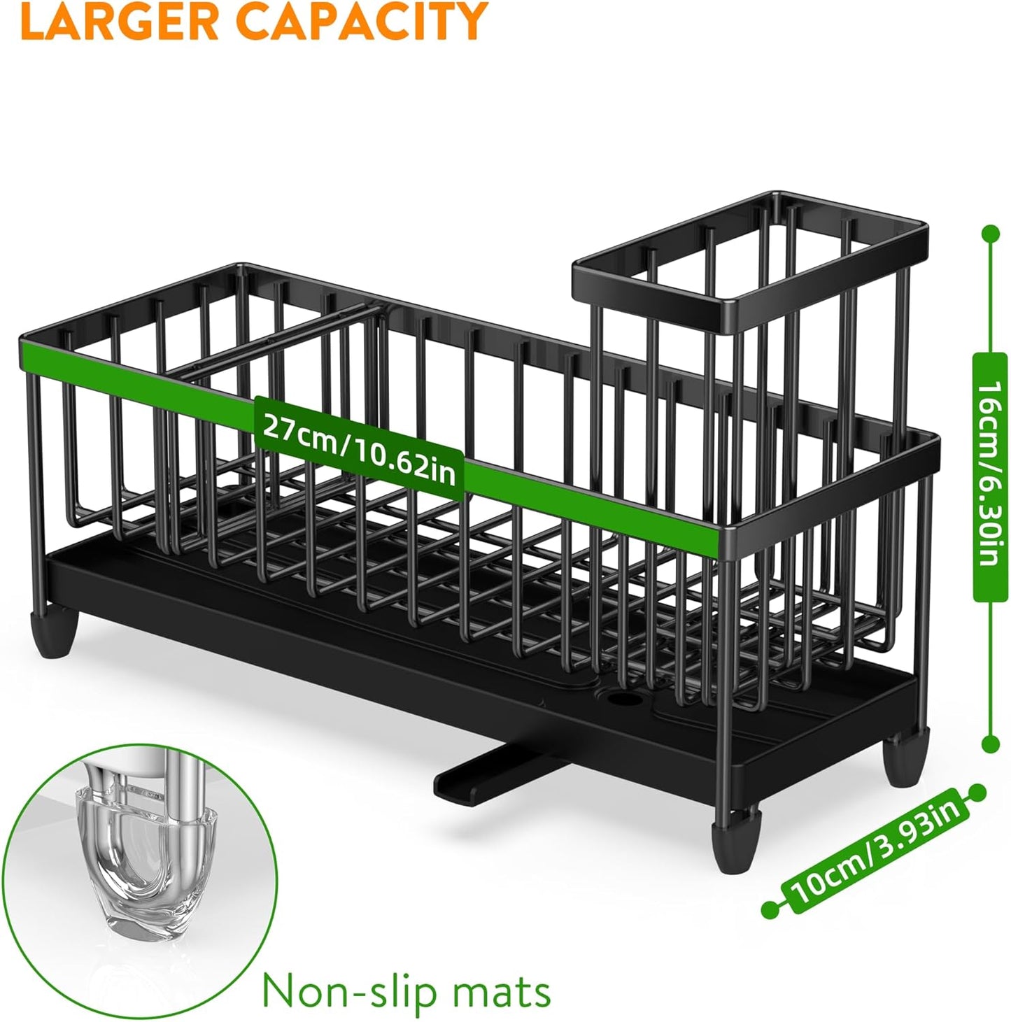 Cisily Extra Large Black Sponge Holder for Kitchen Sink, Sink Caddy Organizer with High Brush Holder, Kitchen Countertop Organizers and Storage Essentials, Rustproof 304 Stainless Steel