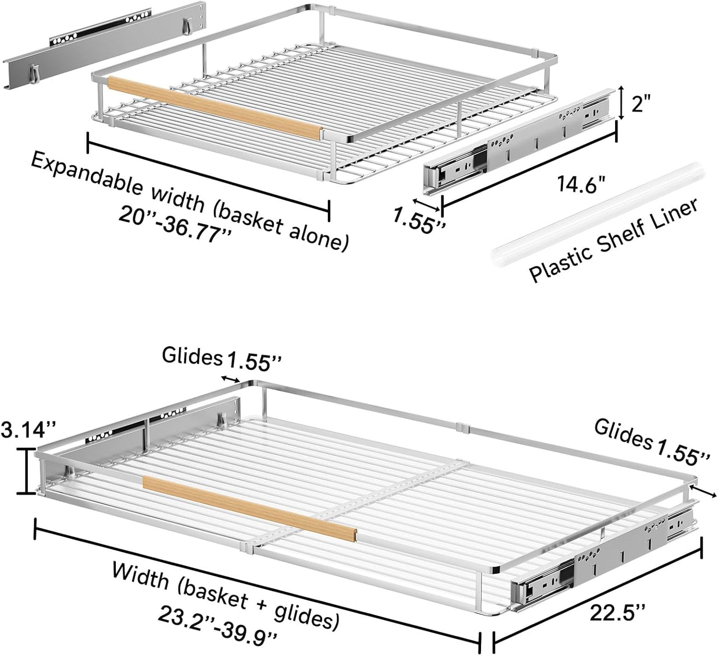 2Pack Expandable Pull Out Cabinet Organizer, Slide Out Drawers for Kitchen Cabinets, Heavy Duty Drawer Slides for Home Kitchen Pantry Cupboard Pots Pans, Adjustable Width 23.2"~39.9" W x 22.5''D