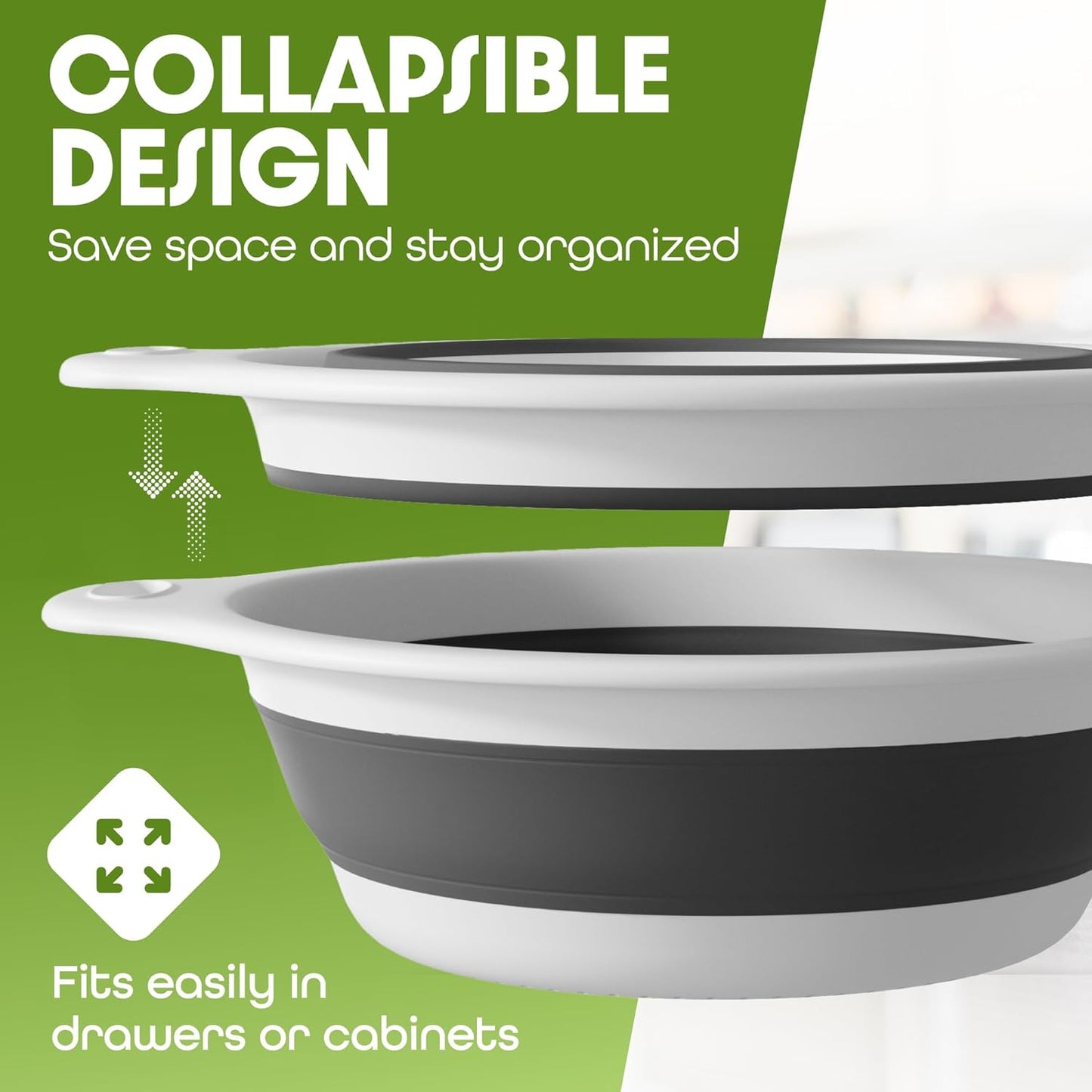 Collapsible Colander Strainer, Includes Over-sink Countertop Draining Base (5QT) Large Kitchen Drainer for Vegetables Fruit and Pasta, Round Foldable Draining Basket, Easy Storage (White)