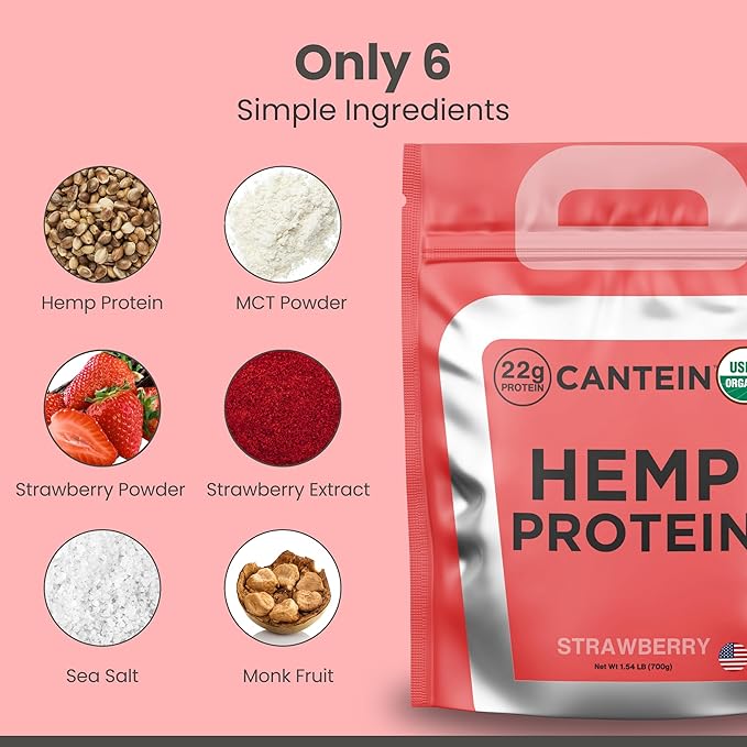 Organic Hemp Protein, Vegan Protein Powder, Clean Plant Based Protein Powder, Non Dairy Protein, Lactose Free Natural Protein, Gluten Free- 20 Servings, Strawberry