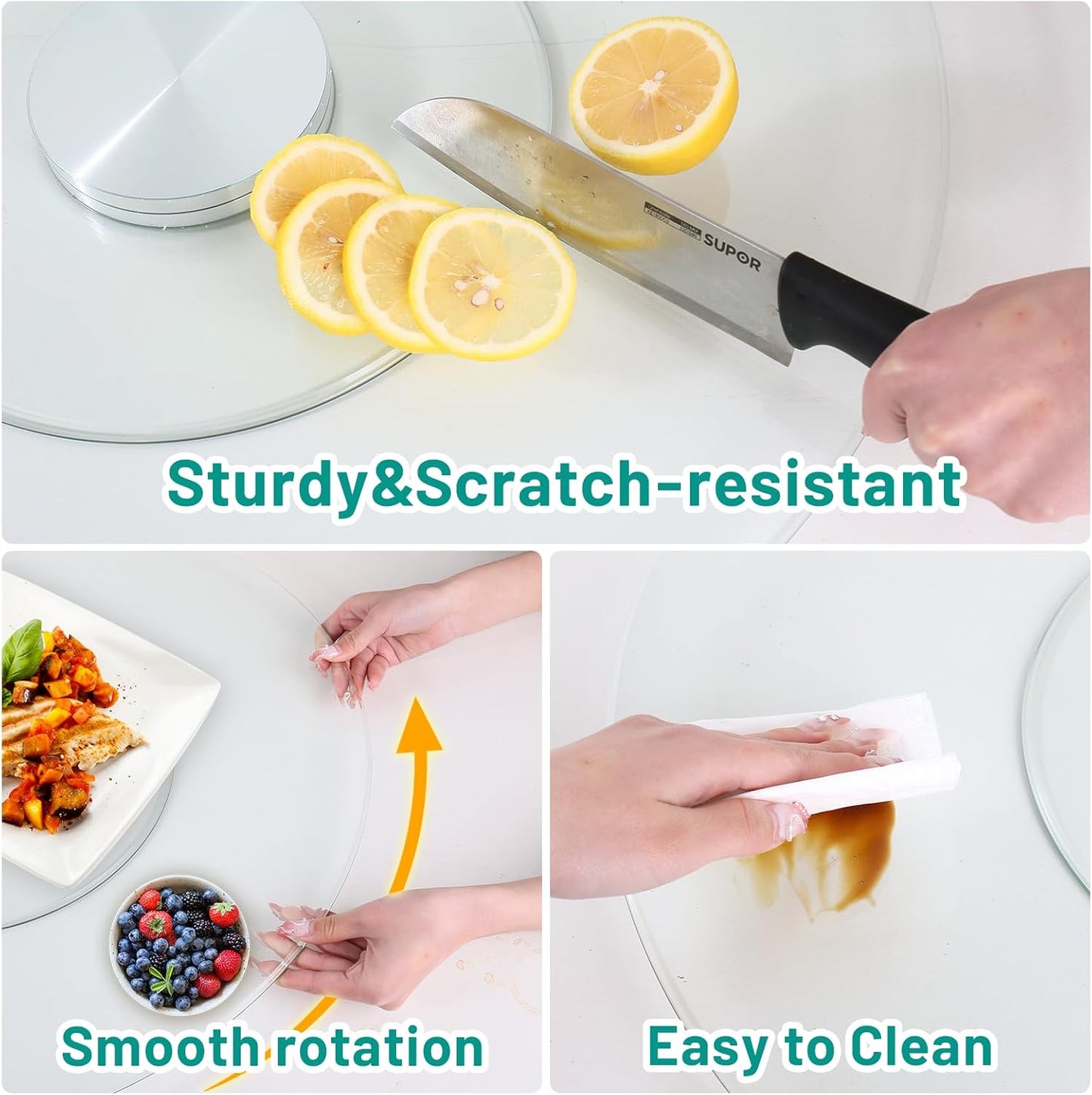 30-Inch Lazy Susan Turntable for Dining Table, Tempered Glass, 360° Rotation, Anti-Tip Design with 6 Rotating Wheels, Perfect for Parties, Weddings, and Family Dinners (30 inch)