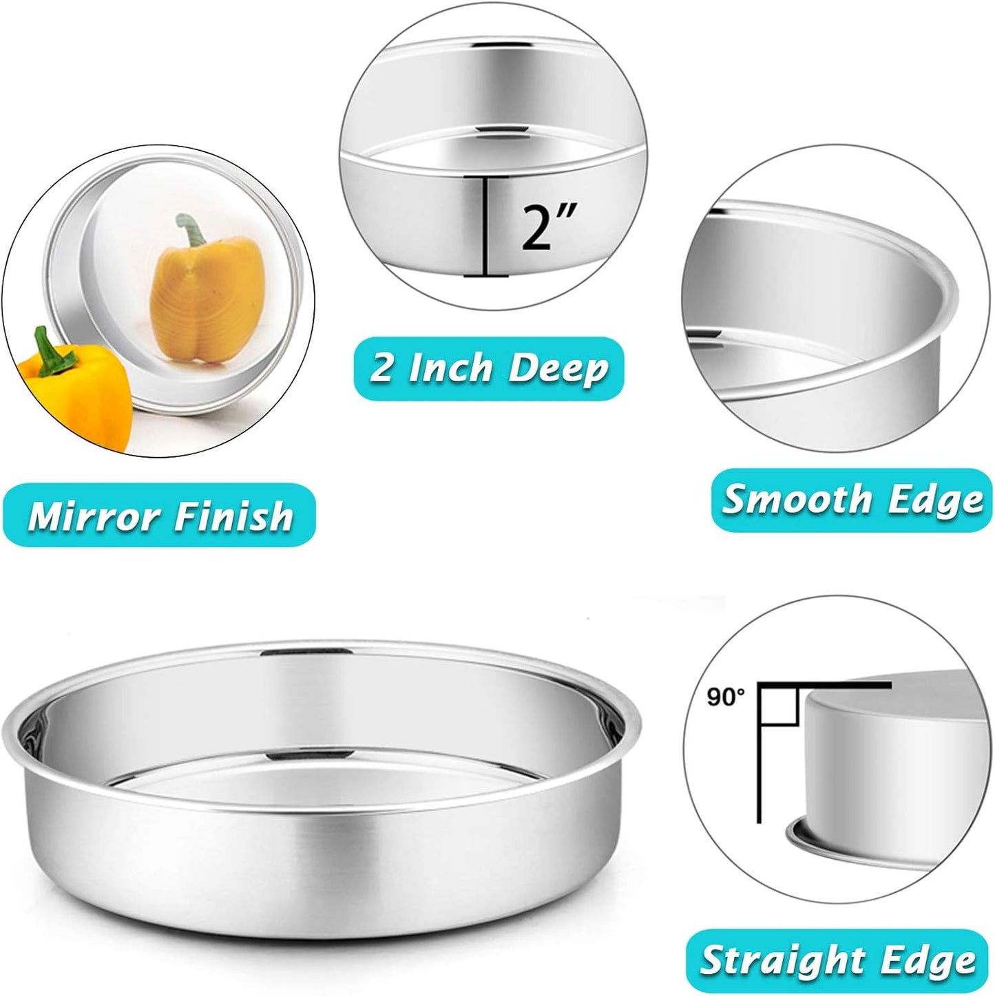 P&P CHEF 9.5 Inch Round Cake Pan Set of 3, Stainless Steel Round Baking Layer Pans Bakeware for Layer Birthday Cake, Fit Oven/Pots/Pressure Cooker, Leakproof & Dishwasher Safe, Silver