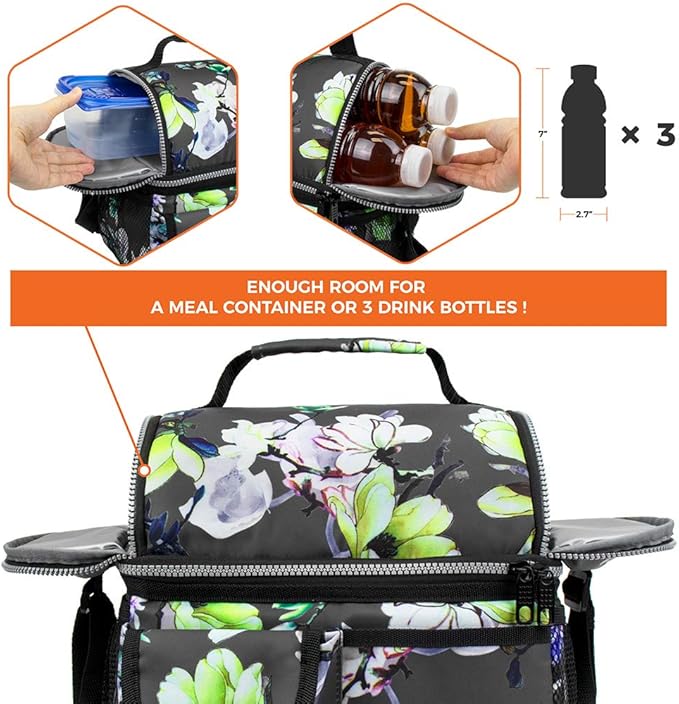 opux Lunch Bag Women Insulated, Adult Lunch Box Cooler, Flower Lunch Box, Dual Compartment Lunchbox for Work, Leakproof Double Decker Lunch Bag, Soft Lunch Pail Tote Girls Kids School, Floral Gray