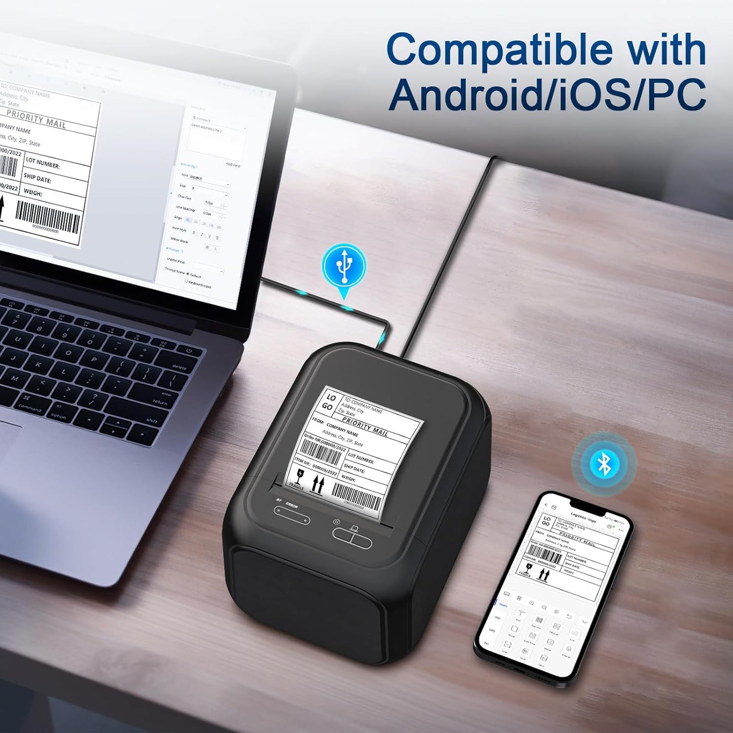 CLABEL Desk Bluetooth Barcode Label Printer: Label Maker with Direct Thermal Printing, 3 Inch Print Width for Barcodes Address Shipping Warehouse with 1 Roll Label (3 Inch Soot)