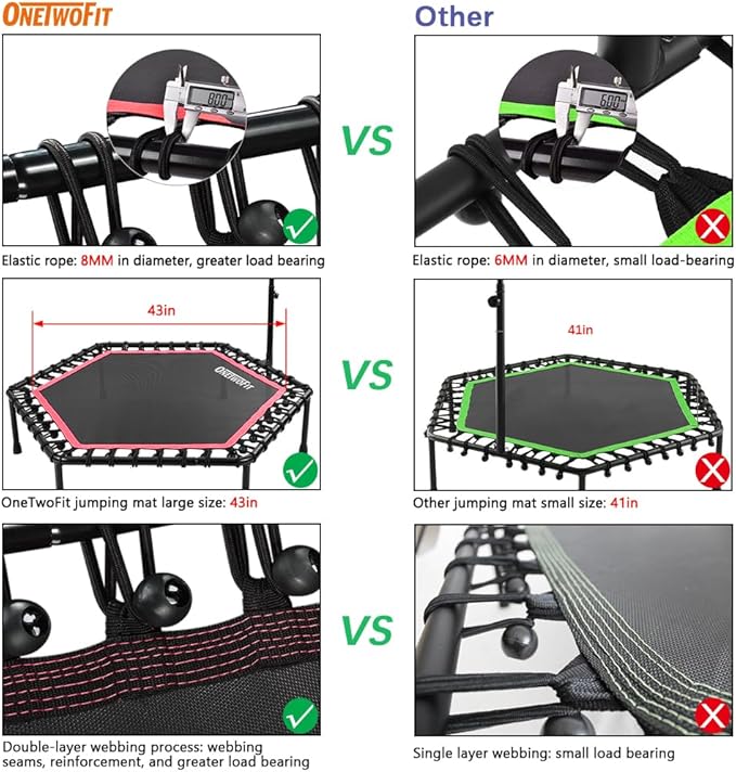 ONETWOFIT 48" Silent Mini Trampoline with Adjustable Handle Bar Fitness Trampoline Bungee Rebounder Jumping Cardio Trainer Workout for Adults