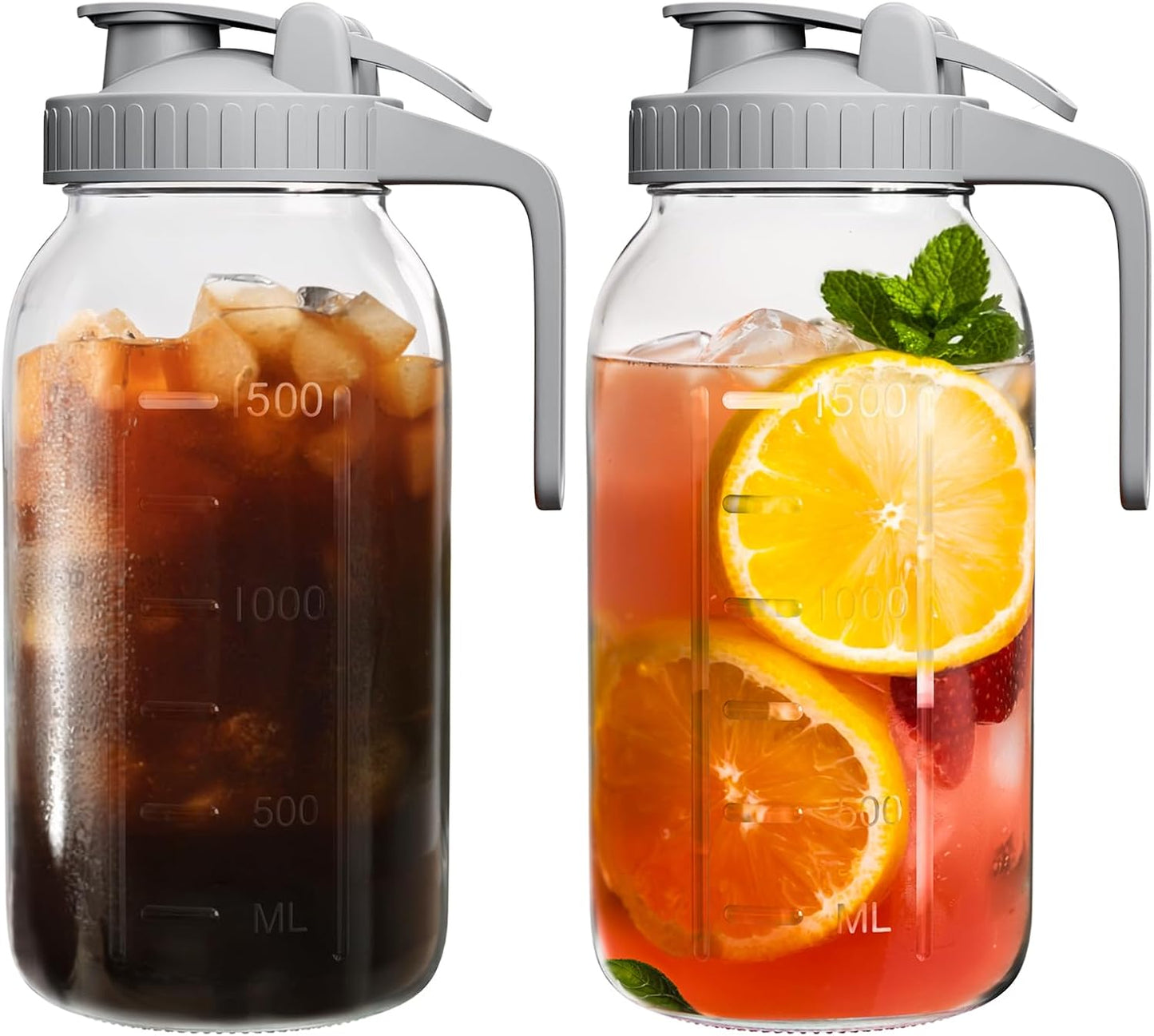 | 2 Pack | 64oz | Glass Pitcher with Lid Wide Mouth, 2 Quart (1.9 Liter) Mason Jar Pitcher with Lid and Spout, Leakproof Water Jug for Water, Juice, Tea, Iced Coffee, Milk Storage, Grey