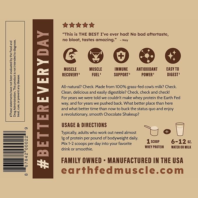 Earth Fed Muscle Chocolate Shakeup Truly Grass Fed Whey Protein Isolate NSF-Certified. No Artificial Ingredients, Soy Free, Gluten Free, Non-GMO and Hormone Free (2 Pound, 29 Servings, Chocolate)