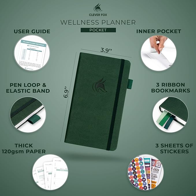 Clever Fox Wellness Planner - Weekly & Daily Health and Wellness Log, Food Journal & Meal Planner Diary for Calorie Counting, Notebook for Medical Condition Tracking – Pocket size (Forest Green)