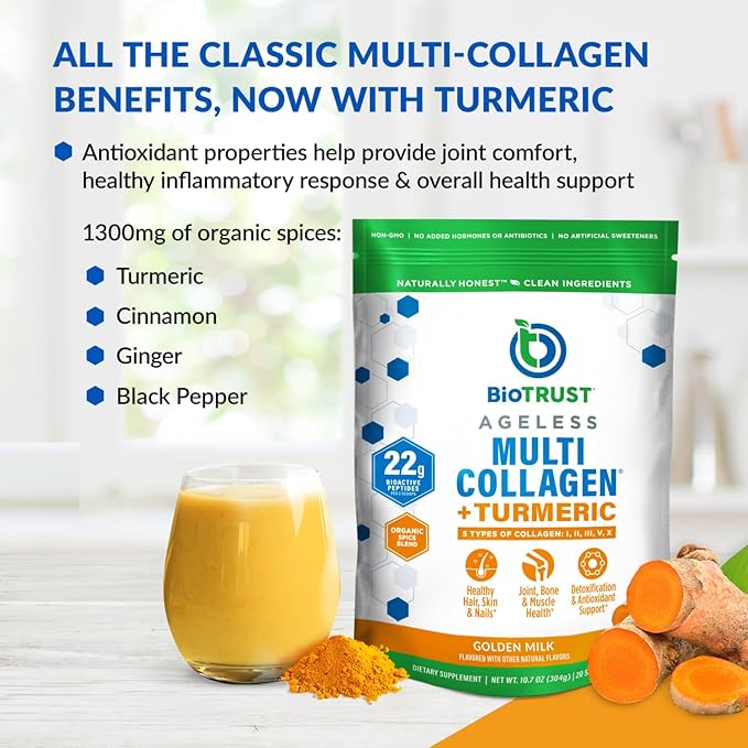 BioTrust Collagen Powder with Turmeric – 5 Types (I, II, III, V, X) – Turmeric Collagen Powder for Women & Men – Hydrolyzed Protein – Grass Fed Beef, Fish, Chicken, Eggshell Membrane (Golden Milk)