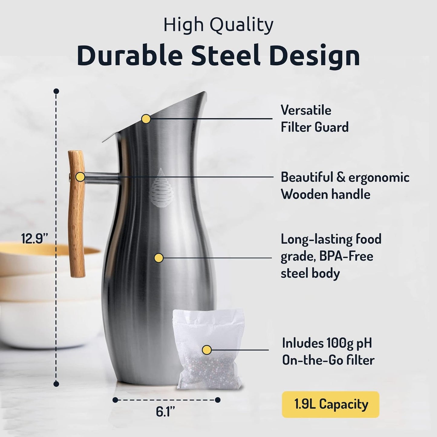 Invigorated Water pH Vitality Alkaline Water Filter Pitcher for Drinking Water Stainless Steel - Water Pitcher with Filter for Tap Water, High pH Filtered Purifier with Alkaline Filter - 1.9L (Silver)