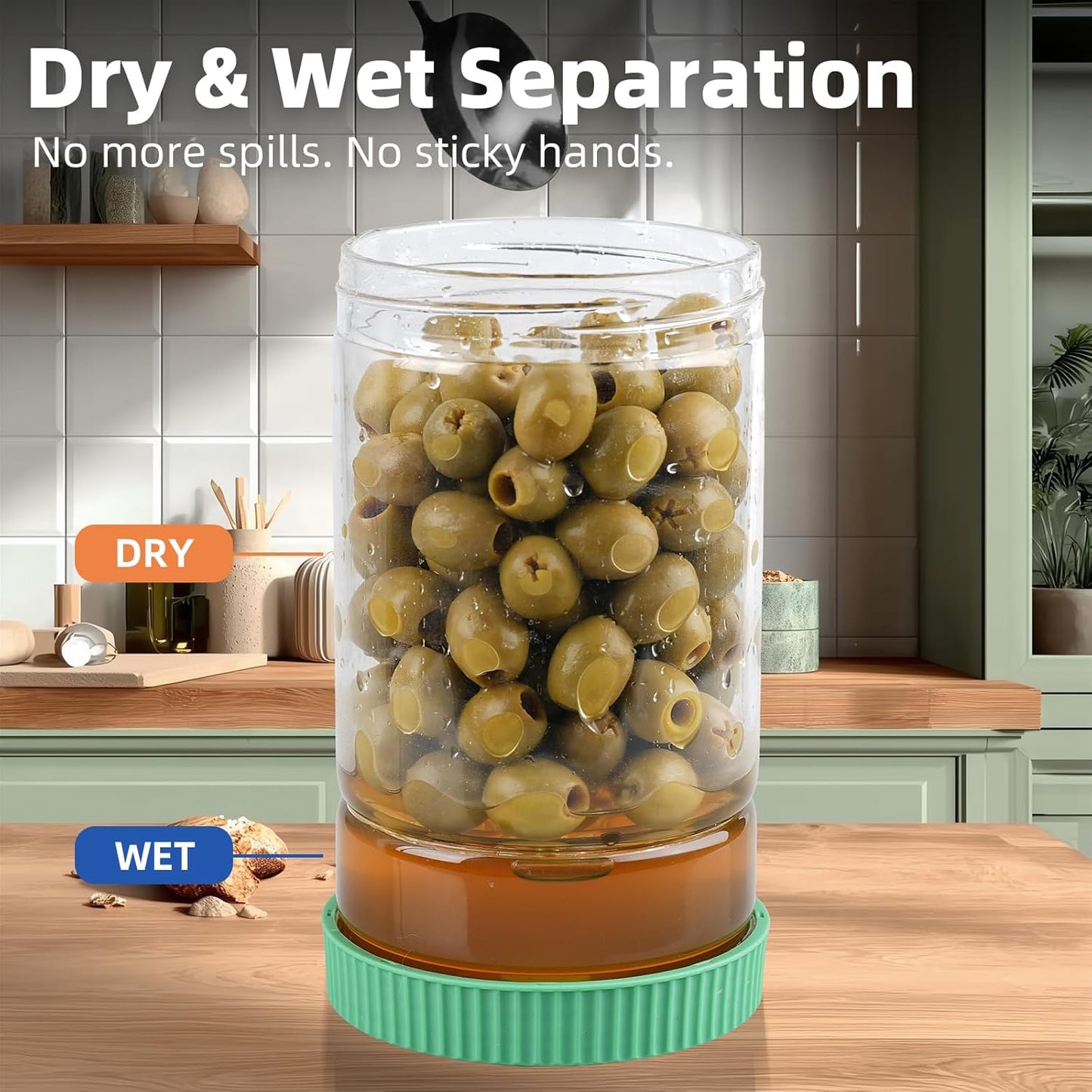 Glass Pickle Jar with Strainer Flip, 40oz Hourglass Airtight Container, Easy Open Refrigerator Storage Pickles Juice Separator for Olive Jalapeno Gherkin, Green