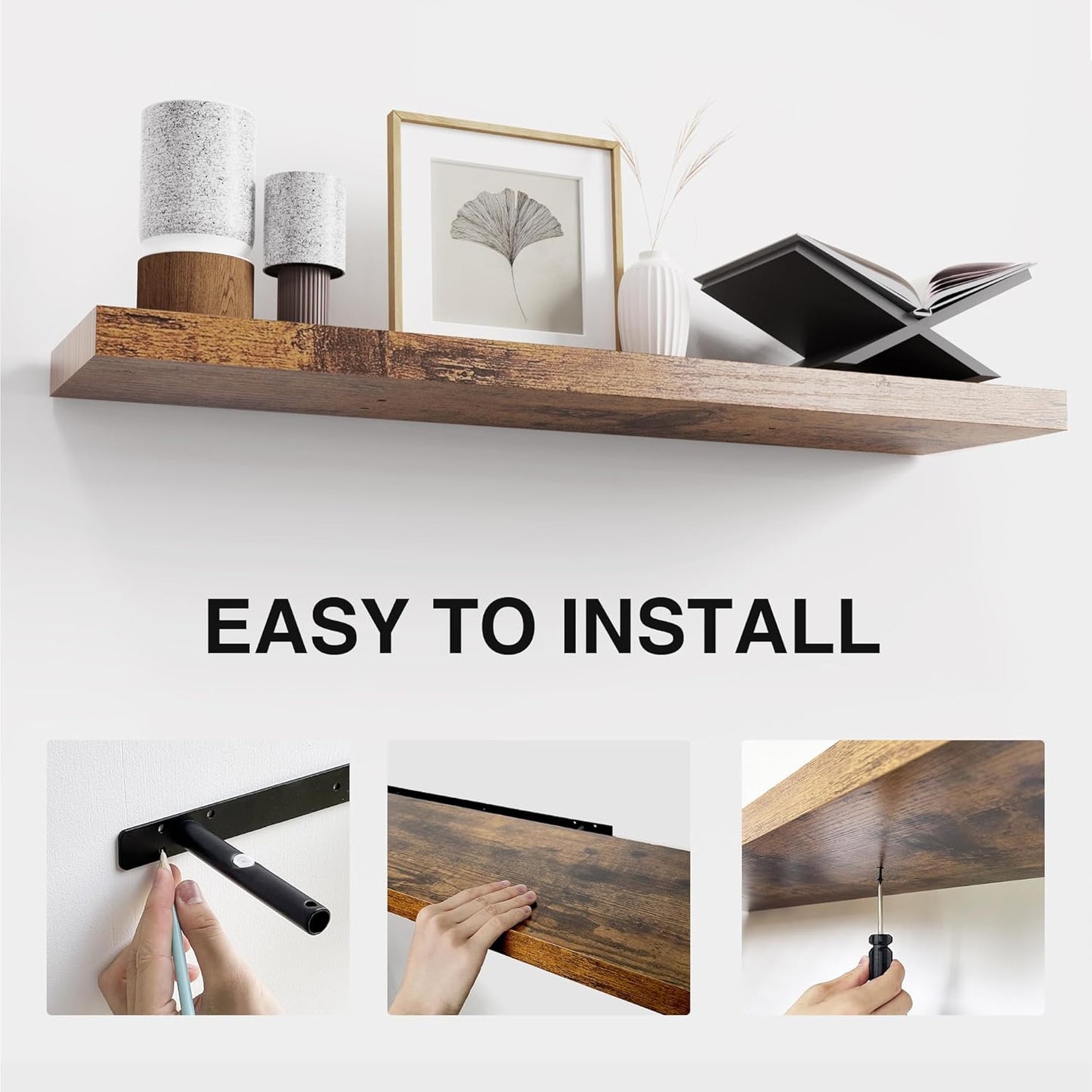 Colima Floating Shelves for Wall Brown Wood Shelf for Bedroom, 36 Inch Wall Mounted Floating Shelves for Bathroom Living Room Kitchen Office, 1.3" Thick Floating Book Shelves Set of 3