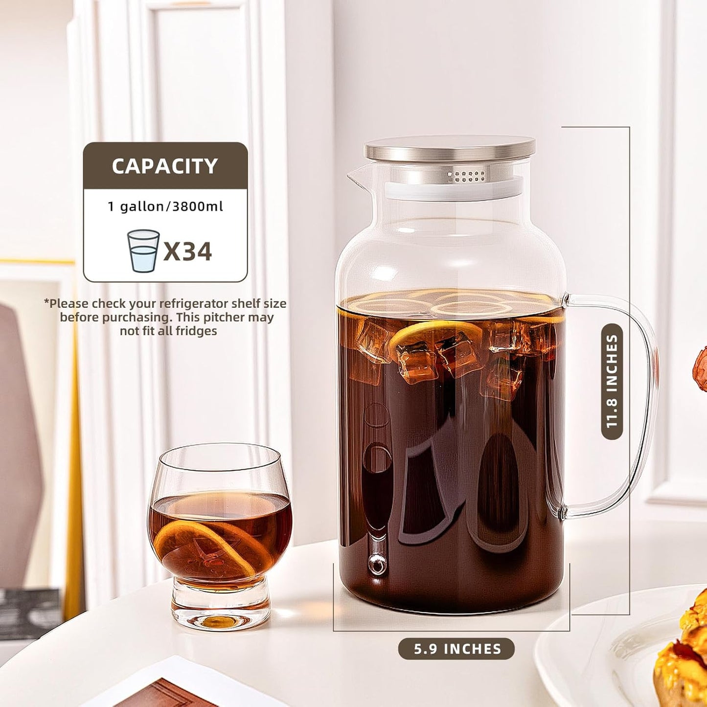 Glass Water Pitcher with Lid and Spout, 1 Gallon Heat Resistant Borosilicate Glass Carafe, Temperature Safe