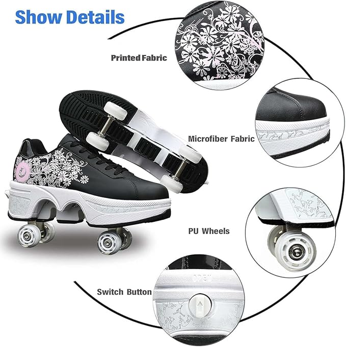 Double-Row Deform Wheel Automatic Walking Shoes Invisible Deformation Roller Skate 2 in 1 Removable Pulley Skates Skating Parkour
