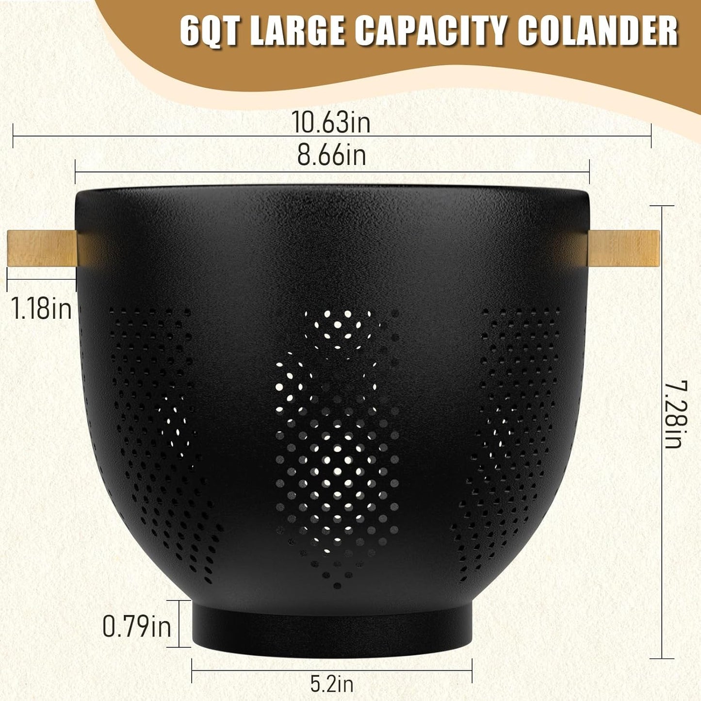 Colander for Kitchen - Strainers and Colanders - 6 Quart Large Metal Colander with Wood Handle - Food Strainer Basket for Draining Pasta, Vegetable & fruit, Kitchen Gadgets Matte Black