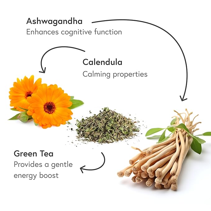 Fabula Focus Herbal Tea: Organic Green Tea, Calendula, Apple, Ashwagandha, Improving Focus and Mental Alertness, 20 sachets