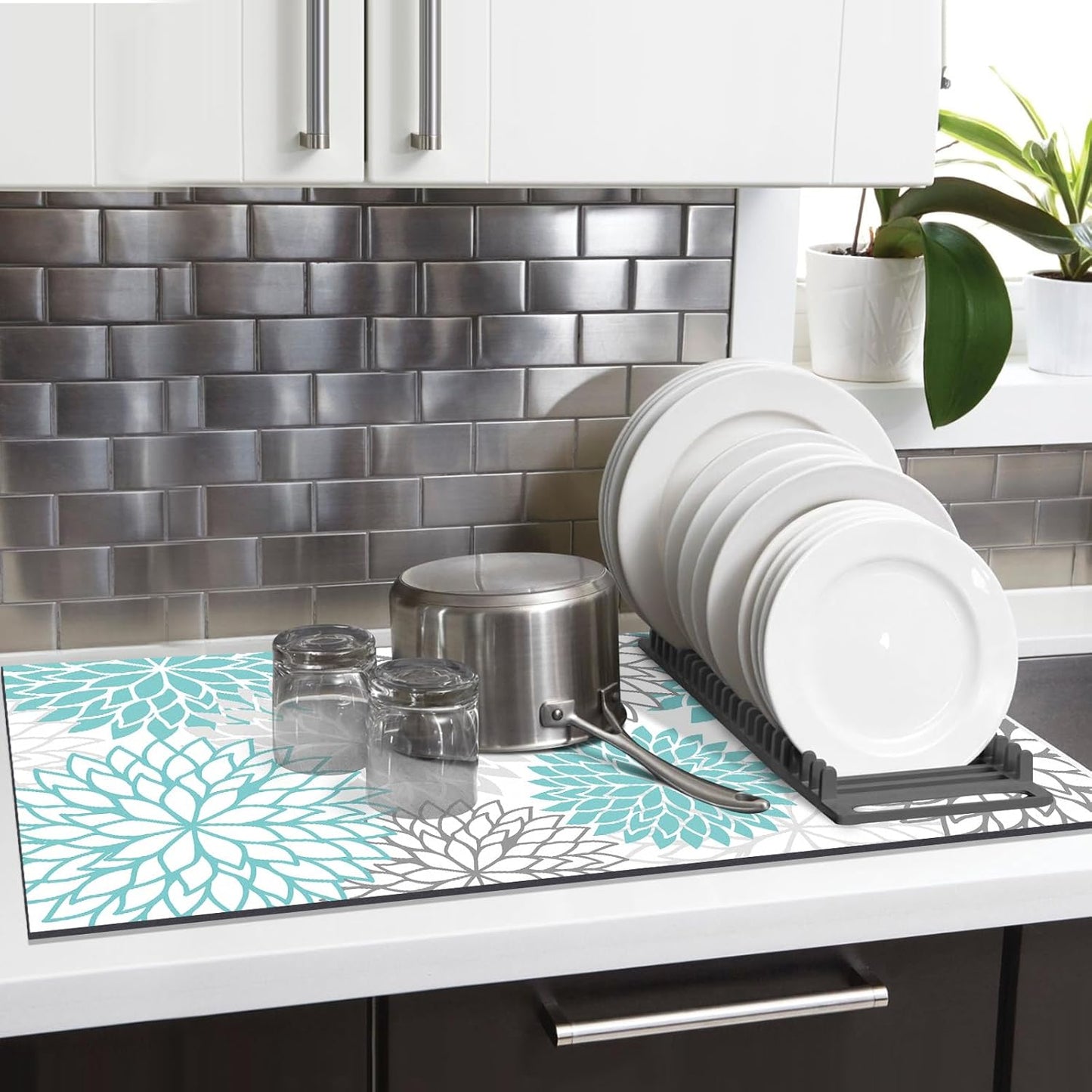 Findosom 2PCS 12" x 20" Dish Drying Mat & 24" x 5.5" Sink Splash Guard, Super Absorbent & Cuttable Dish Mat Drying Kitchen Mat with Teal Floral, Hide Stain Drying Mat for Kitchen Counter