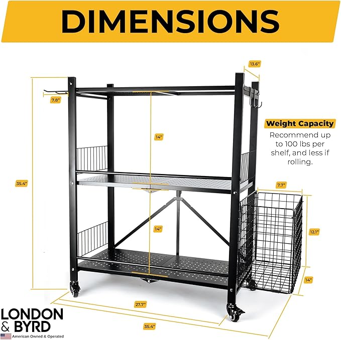London & Byrd - No Assembly - Home Gym Storage Rack. Steel Construction, Heavy Duty Wheels, with Basket and Hooks. Great for Home Gym Equipment, Yoga mats, Kettlebells, and Small Dumbbell Storage.