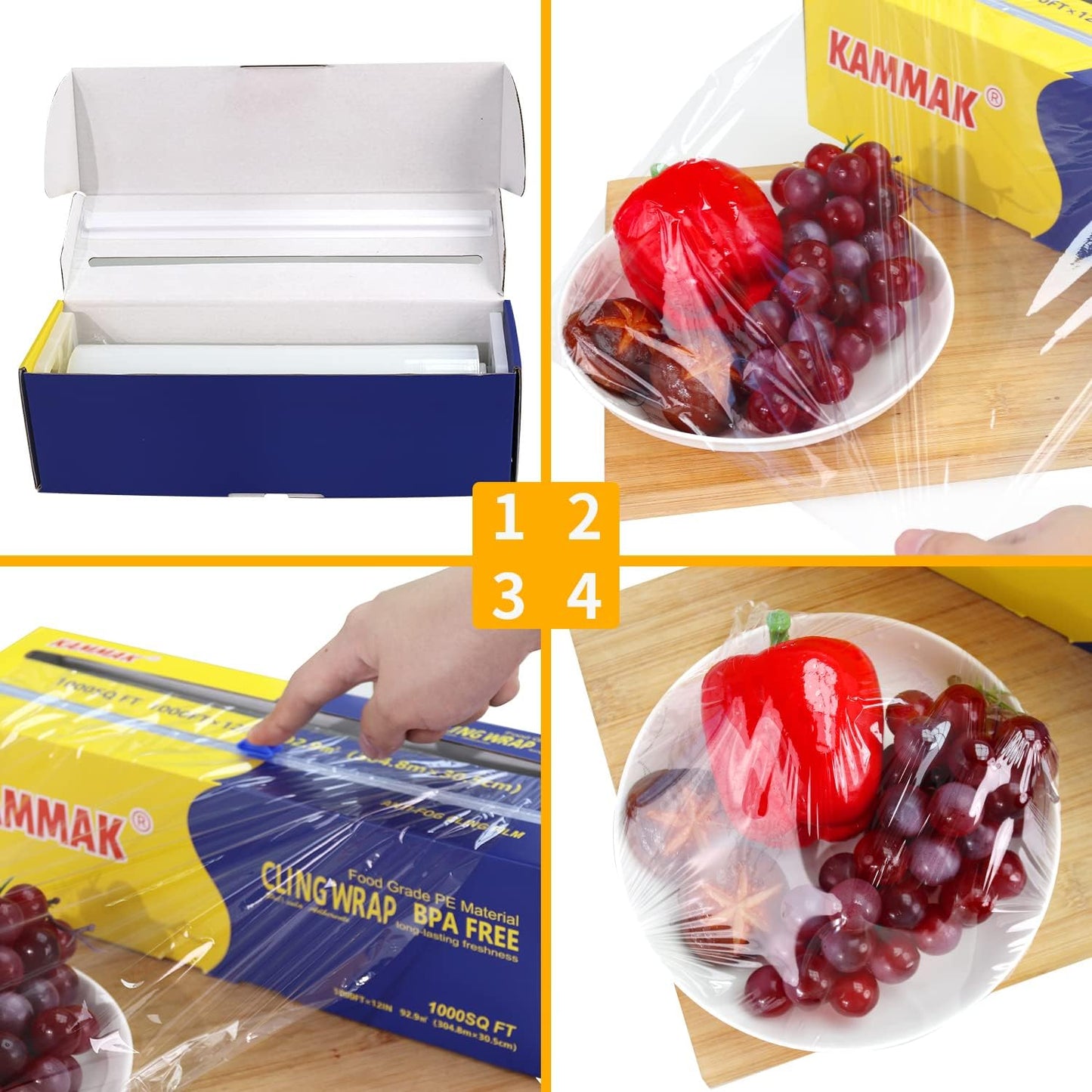 KAMMAK Plastic Wrap with Slide Cutter - 12 Inch Food Service Cling Film Roll - Clear Refillable Stretch Film - 1000 SQ FT Wrap - Bulk Quick Cut for Restaurant, Kitchen