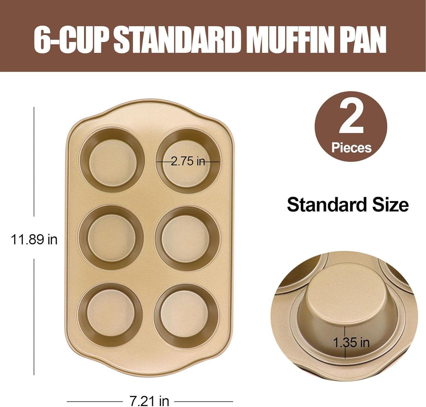 Nonstick 6 Cup Standard Muffin Pan, Cupcake Pan Set, Muffin Tins for Oven, 2 Pack, Gold