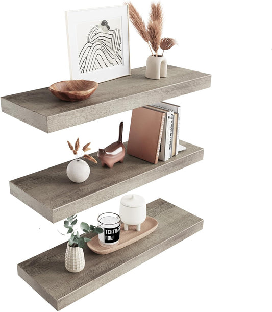 Colima Floating Shelves for Grey Wood Wall Shelf for Bedroom, 24 Inch Wall Mounted Floating Shelves for Bathroom Living Room Kitchen Office, 1.5" Thick Floating Book Shelves for Wall, Set of 3