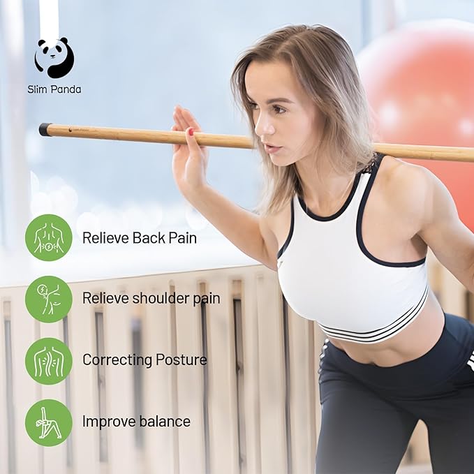 Slim Panda Yoga Stick, 5ft Natural Bamboo Stick with Rubber Ends, Exercise Stretching Stick for Yoga, Stretching, Balance and Correcting Posture, Rehabilitation Physical Therapy Aids