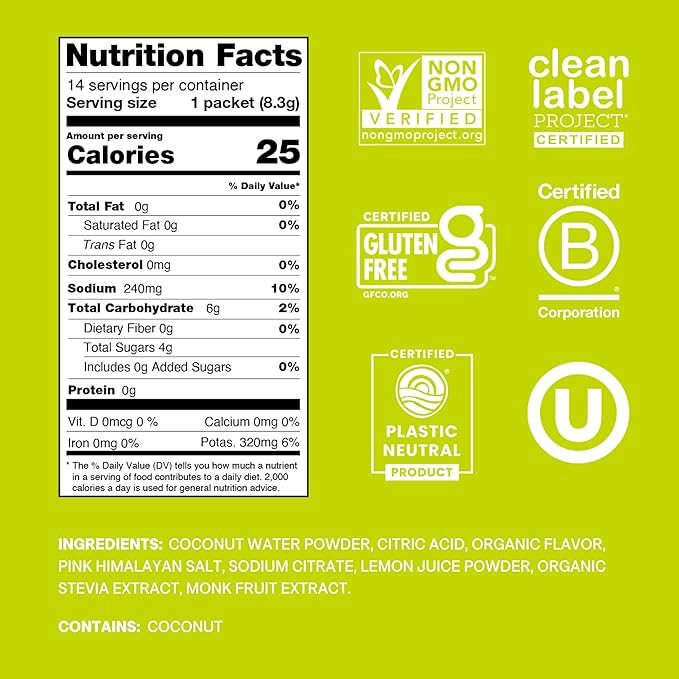 Cure Hydration | Plant-Based Electrolyte Drink Mix | No Added Sugar | FSA-HSA | Dehydration Relief Powder Made with Coconut Water | Non-GMO | Vegan | Pouch of 14 Packets - Lime