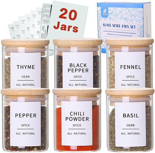 Glass Spice Jars with Bamboo Lids - 20 Pcs Thicken(2.4mm) 4oz Airtight Seasoning Containers with 131 Waterproof Minimalist Spice labels Preprinted - Small herb Jars for Pantry Organization and Storage