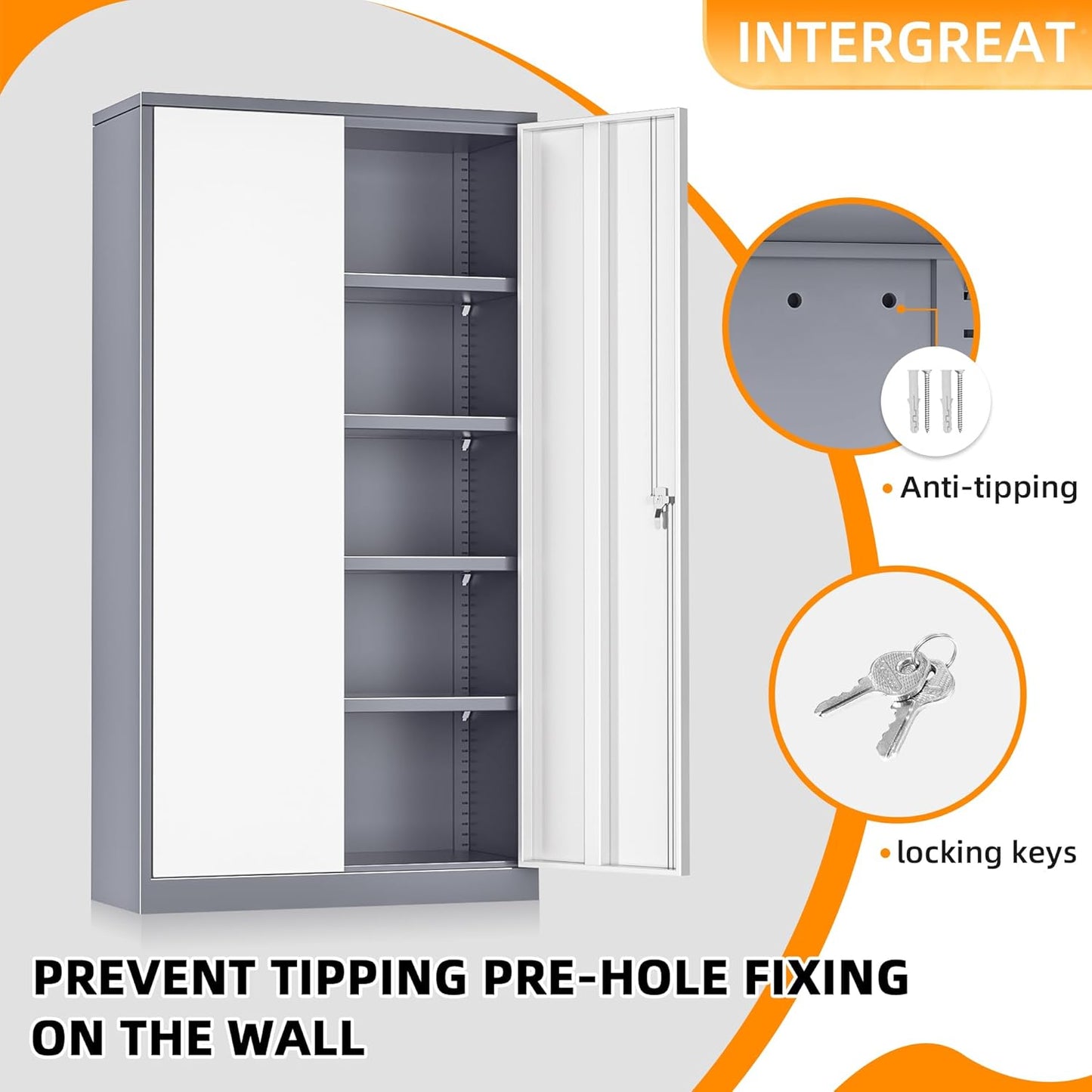 INTERGREAT Metal Garage Storage Cabinet, Black Lockable File Cabinet with 2 Doors and 4 Adjustable Shelves, Tall Steel Tool Cabinets for Office, Home, Garage, School, Gym