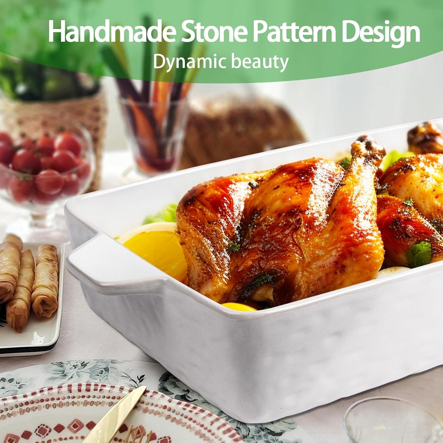 4 QT Baking Dish, Casserole Dishes for Oven, 9x13 Baking Pan with Handles, Lasagna Pan Deep, Ceramic Casserole Dish Oven Safe for Baking, Lasagna, Kitchen, Wedding Gift (White)