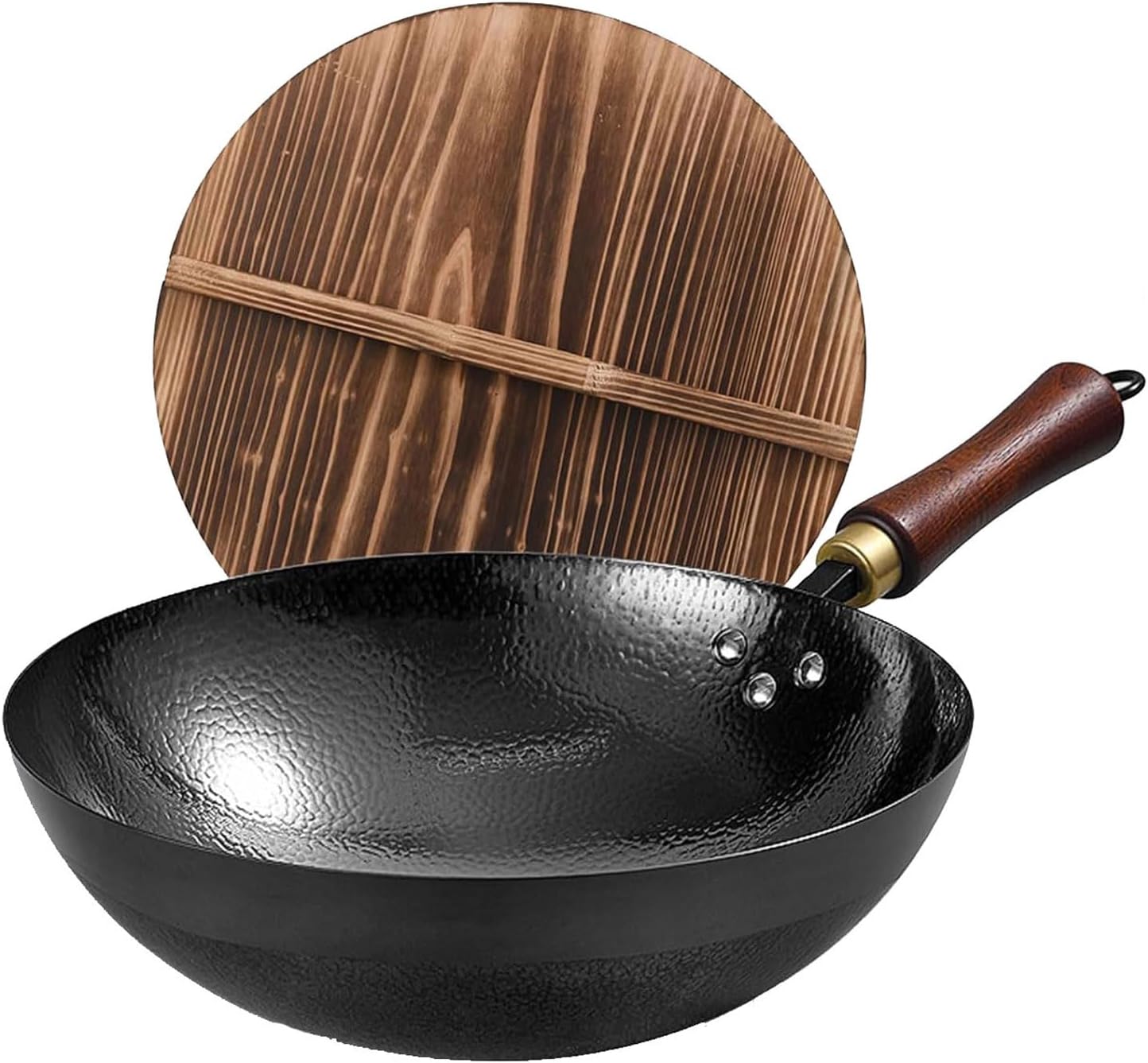 Carbon Steel Wok Pan, 13.5″Woks & Stir-Fry Pans with Wooden Lid Cookwares, Nonstick Wok, No Chemical Coated Round Bottom Hand Hammered Chinese Wok For Gas