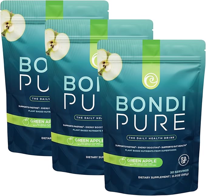 Bondi Pure - Daily Health & Detox Drink - Promote Gut Health & Energy Support During a Cleanse or Intermittent Fasting - Plant-Based Fibers, Alkalizing Super Greens - Green Apple (3-Pack)