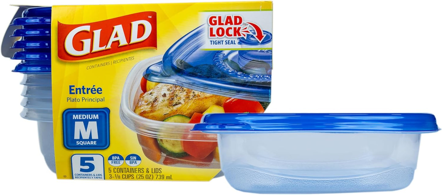 Glad GladWare Entrée Food Storage Containers, Medium Square - Meal Container Holds up to 25 Ounces of Food - Lock Tight Seal, 5 Count