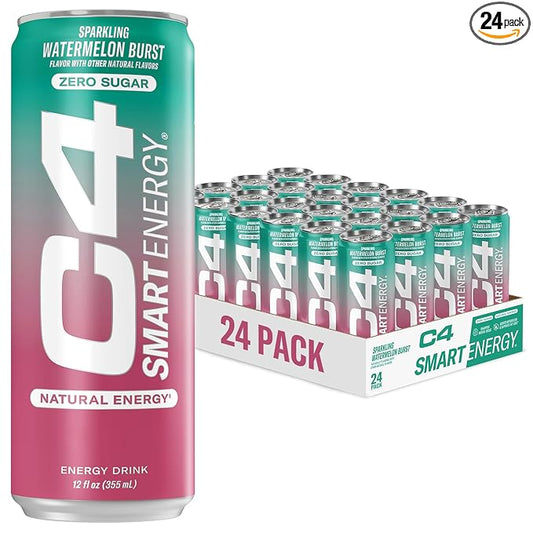C4 Smart Energy Drink - Sugar Free Performance Fuel & Nootropic Brain Booster, Coffee Substitute or Alternative | Watermelon Burst 12 Oz - 24 Pack