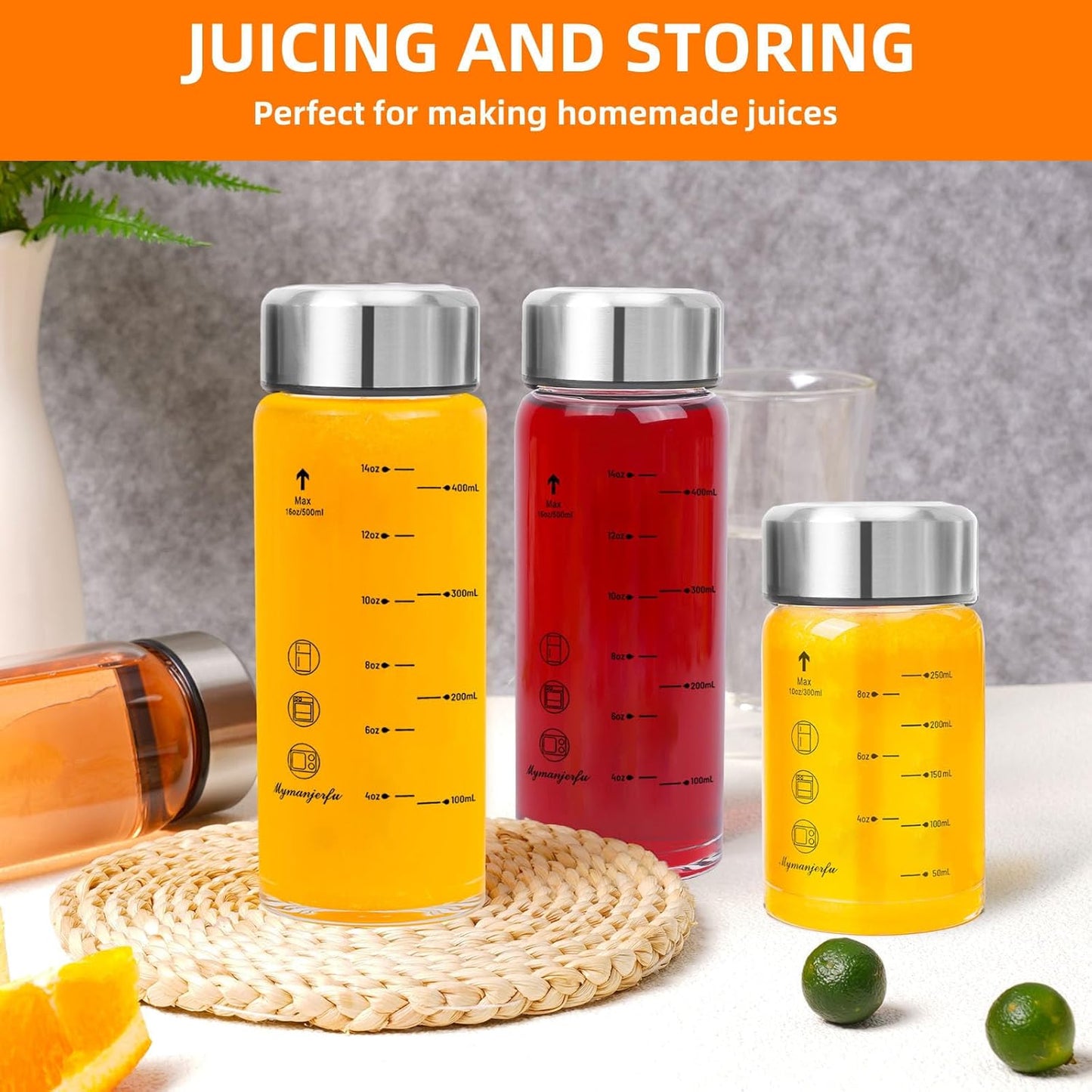 Glass Juice Bottles 4 Pack 10 oz - Wide Mouth Glass Water Bottles with Lids - for Juicing, Smoothies, Milk, Protein, BPA Free, Reusable, Stainless Steel Lids, Leak Proof, Shaker bottle [10oz/300ml]