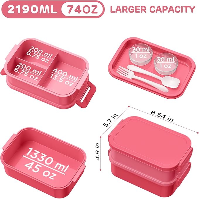 DaCool Adults Bento Box Lunch Box - Stackable All-in-One Leakproof Bento Lunch Box for Adults Women Girls 74 OZ Large Lunch Containers with Fork Spoon Sauce Boxes for Work School Dining Out, Pink