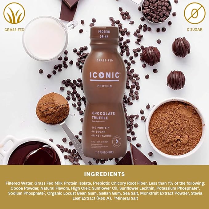 Iconic Protein Drinks, Chocolate Truffle (12 Pack) - Sugar Free & Low Carb - 20g Grass Fed Protein - Lactose Free, Gluten Free, Non-GMO, Kosher - Keto Friendly Protein Shakes