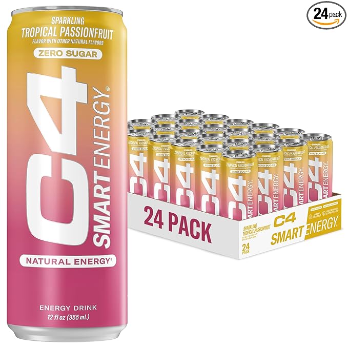C4 Smart Energy Drink - Sugar Free Performance Fuel & Nootropic Brain Booster, Coffee Substitute or Alternative | Tropical Passionfruit 12 Oz - 24 Pack