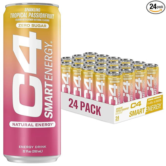 C4 Smart Energy Drink - Sugar Free Performance Fuel & Nootropic Brain Booster, Coffee Substitute or Alternative | Tropical Passionfruit 12 Oz - 24 Pack