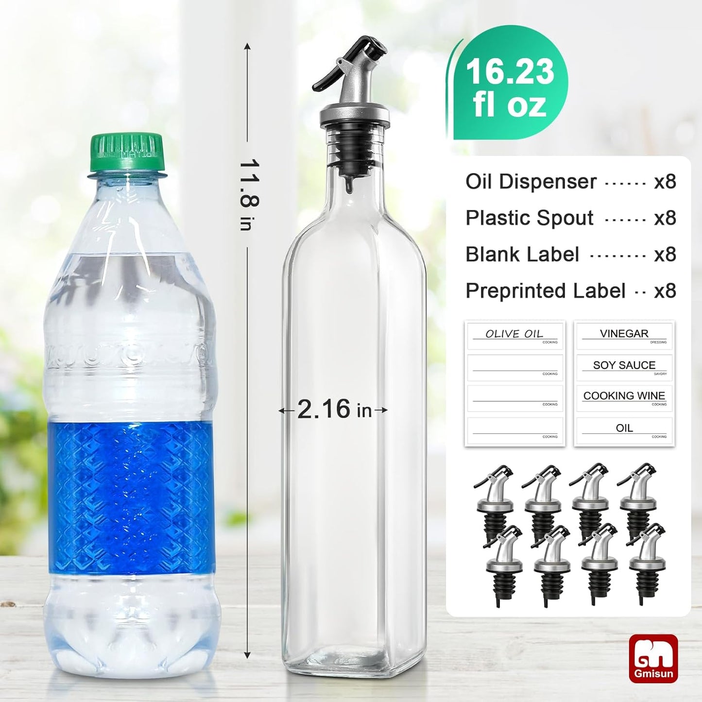 GMISUN Olive Oil Dispenser for Kitchen 8 Pack, Glass Oil Dispenser Bottle 17oz, Cooking Soy Sauce Bottle Container Cruet with Plastic Pourer Spout, Funnel and Labels, Clear