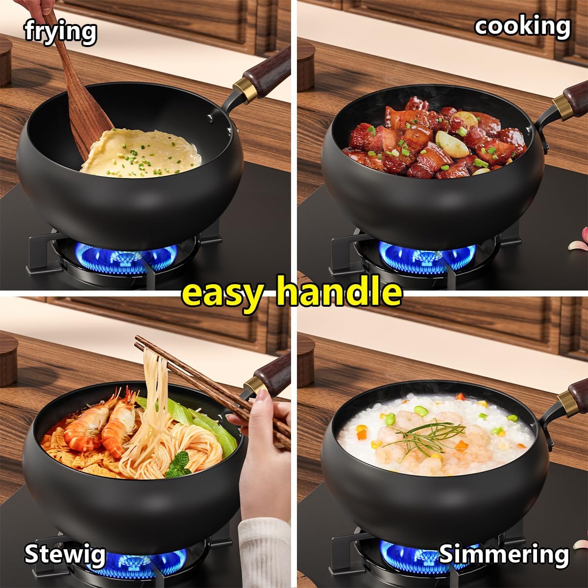 Carbon Steel Wok, Nitrided Pan Body, Even Heat Distribution Without Coating, Multi-Functional Pan, Suitable for Induction Cooktops, Ovens, and Any Stove, Includes Lid and Wooden Handle