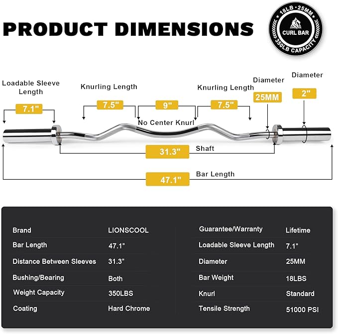 LIONSCOOL Premium 4ft/4.9ft/6ft Barbell for Strength Training and Olympic Weightlifting, 2 Inch Bar for Squats, Curls, Deadlifts, Presses, Hip Thrusts, 350lbs/500lbs/700lbs Weight Capacity
